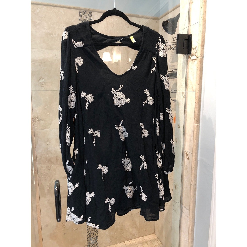 Free People Womens Boho Embroidered Mini Tunic Dress Black Ivory S Open Back